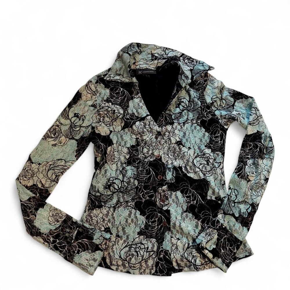 INC black and blue floral lace button up blouse #floral #ruffle
